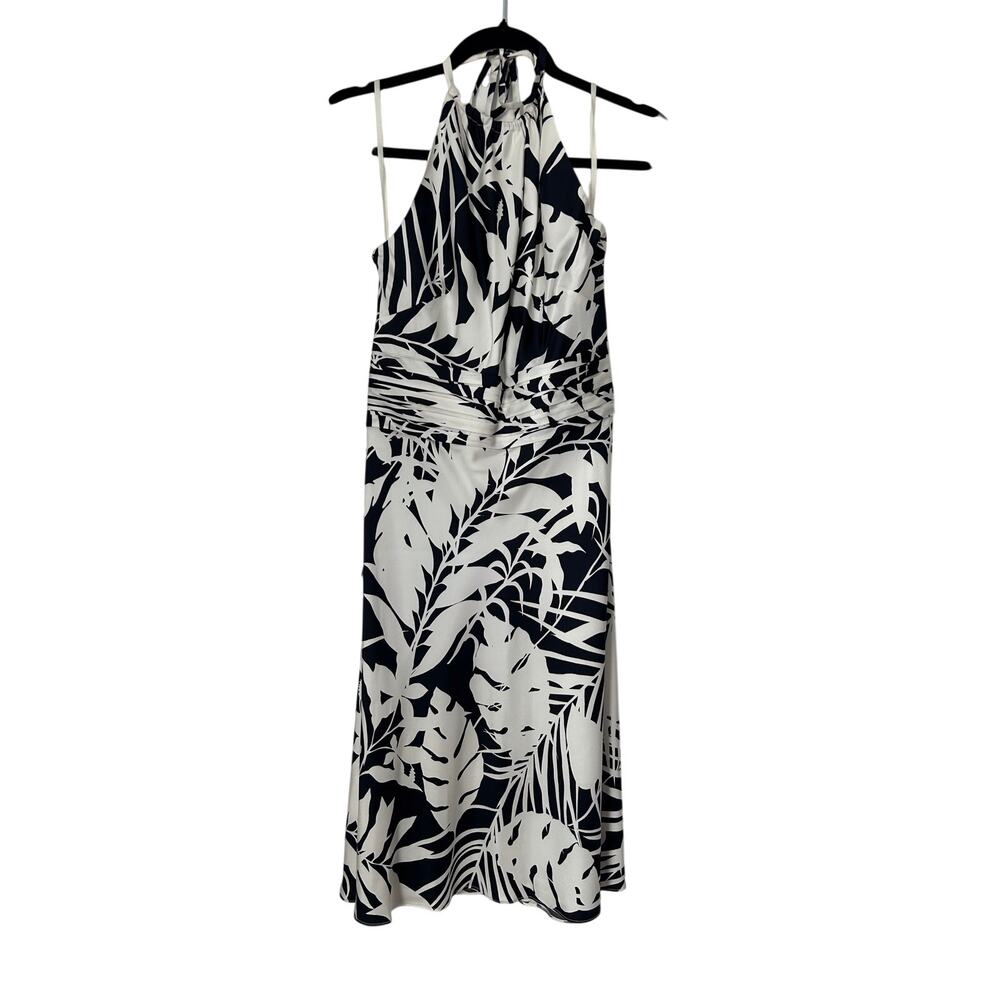 Ann Taylor Silk Halter Dress Size 4 Black White Floral‎ Leaf Print Fit n Flare